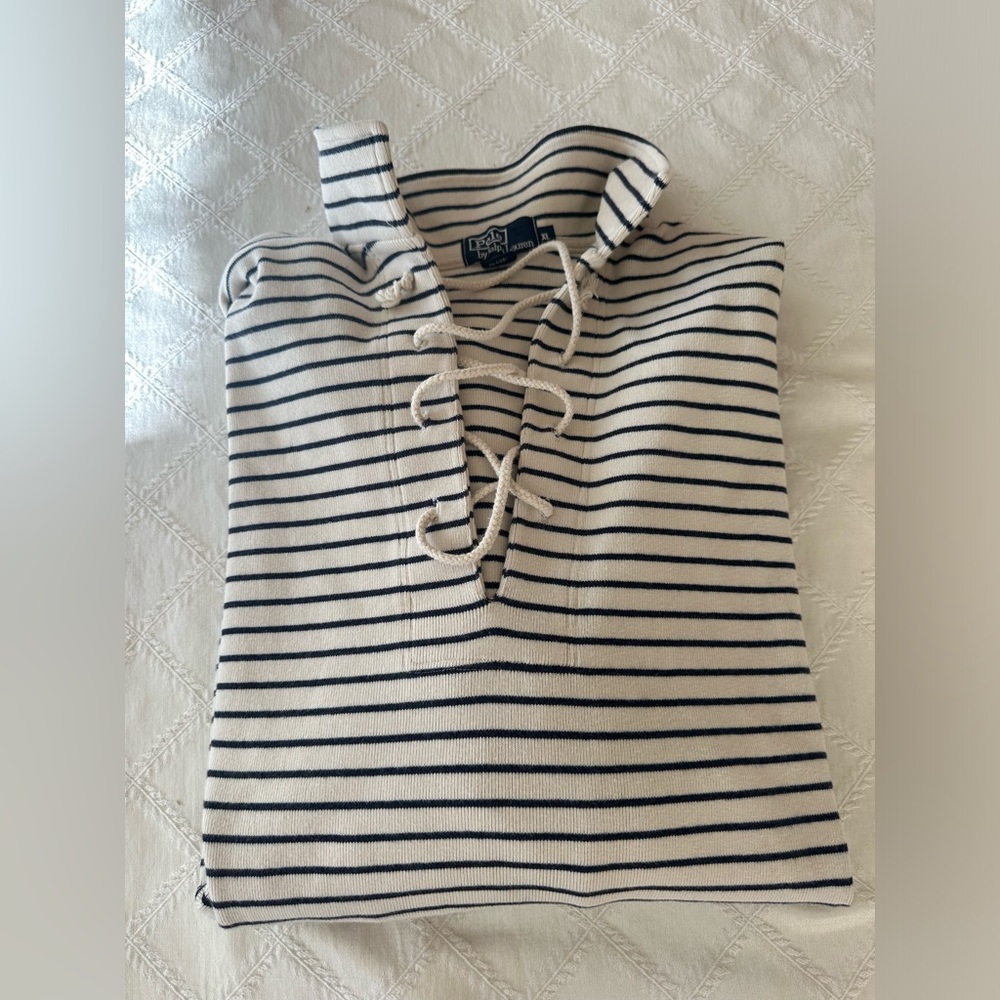 Vintage Ralph Lauren Nautical Navy Striped Collared Sweater Lace Up Neck XL Rare
